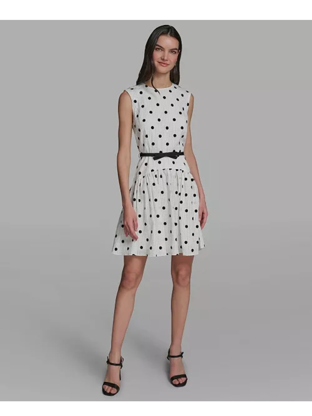 Karl Lagerfeld White Polka Dot Sleeveless Fit-and-Flare Dress with Black Belt